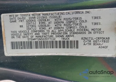 2002 Toyota Tacoma from USA, damaged, VIN 5TEWM72N52Z077112